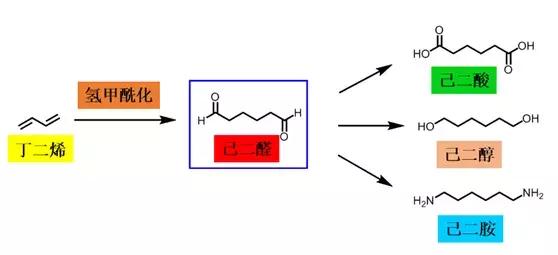 丁二烯氢甲酰化制己二醛及其进一步转化成己二酸,己二醇和己二胺